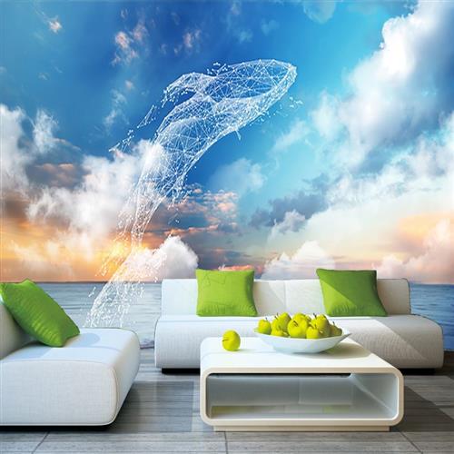 3d北欧梦幻鲸鱼天空墙纸简约抽象电视背景墙壁纸墙布地中海风壁画