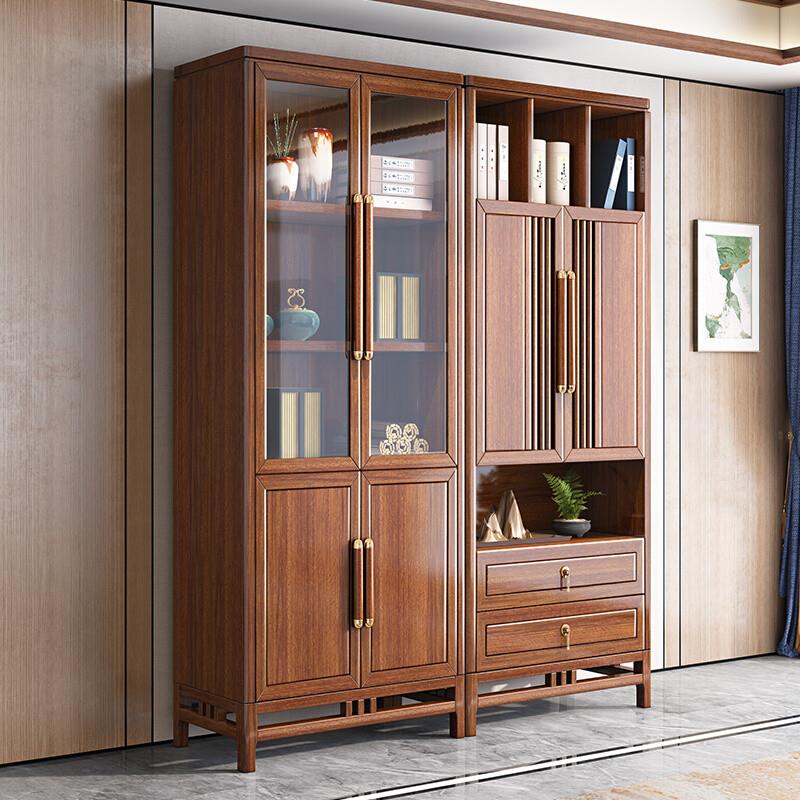 新款胡桃木新中式实木书柜带玻璃门展示柜置物柜收纳储物柜子书架
