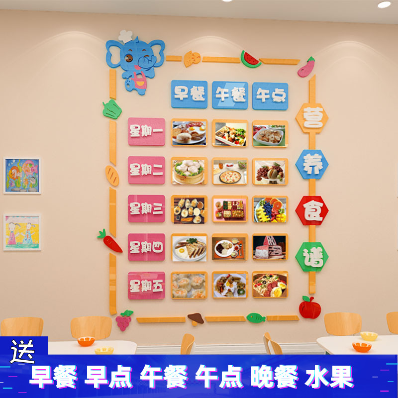 幼儿园食谱展示板墙面装饰亚克力3d立体早教托管辅导班菜谱墙贴画