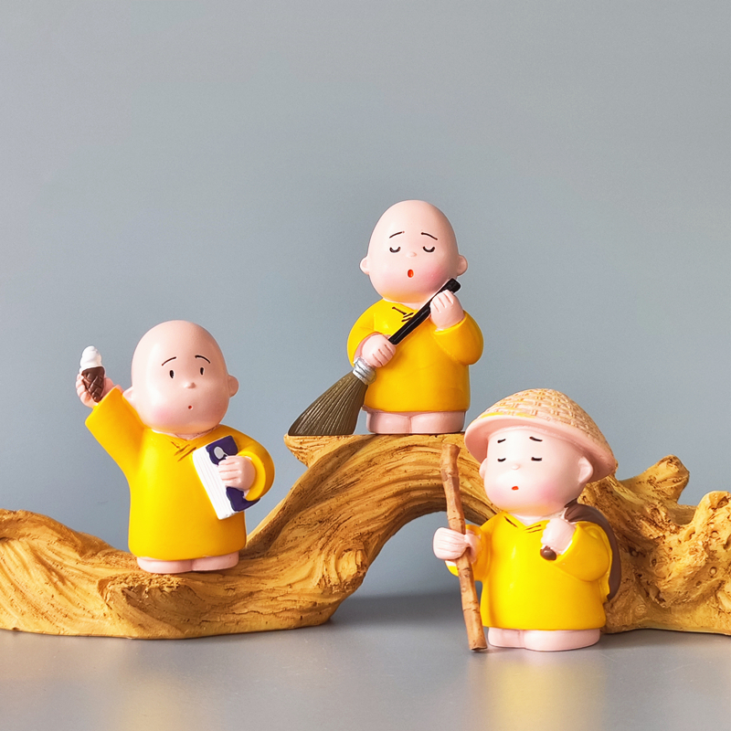 三个小和尚摆件迷你人物日式禅意卡通公仔玩偶古风娃娃纪念品桌面