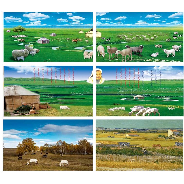 内蒙古包餐厅饭店背景墙纸牛羊群草原牧场风景壁画烧烤火锅店壁纸