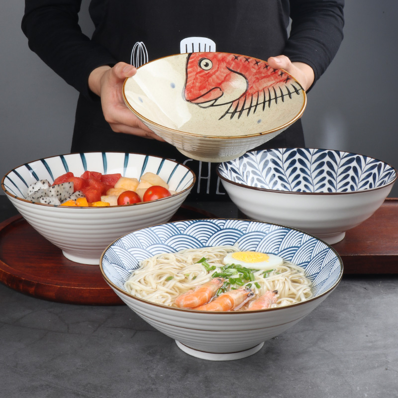 包邮日式斗笠创意大号面碗家用复古手绘面条碗陶瓷汤碗牛肉拉面碗