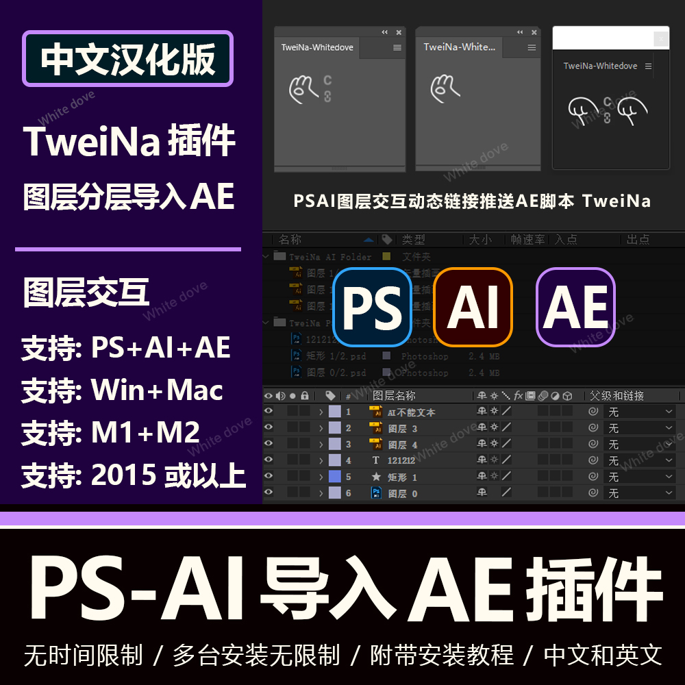 PS/AI导入AE插件图层分层交互动态链接导入TweiNa中文支持WinMac