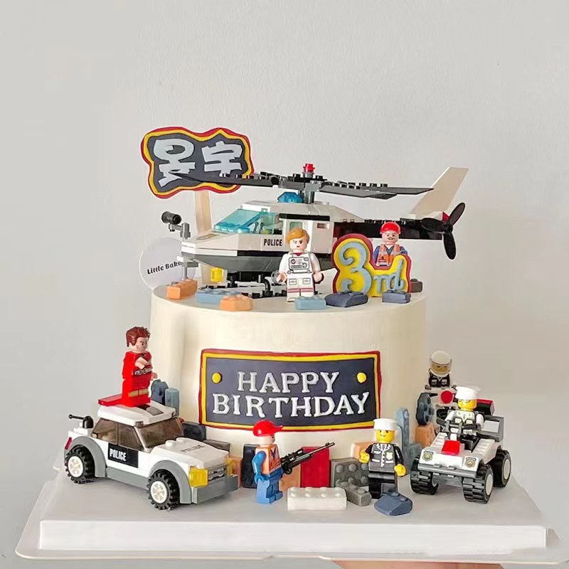 积木蛋糕装饰摆件警察警车直升飞机玩偶乐高儿童生日蛋糕插件装扮