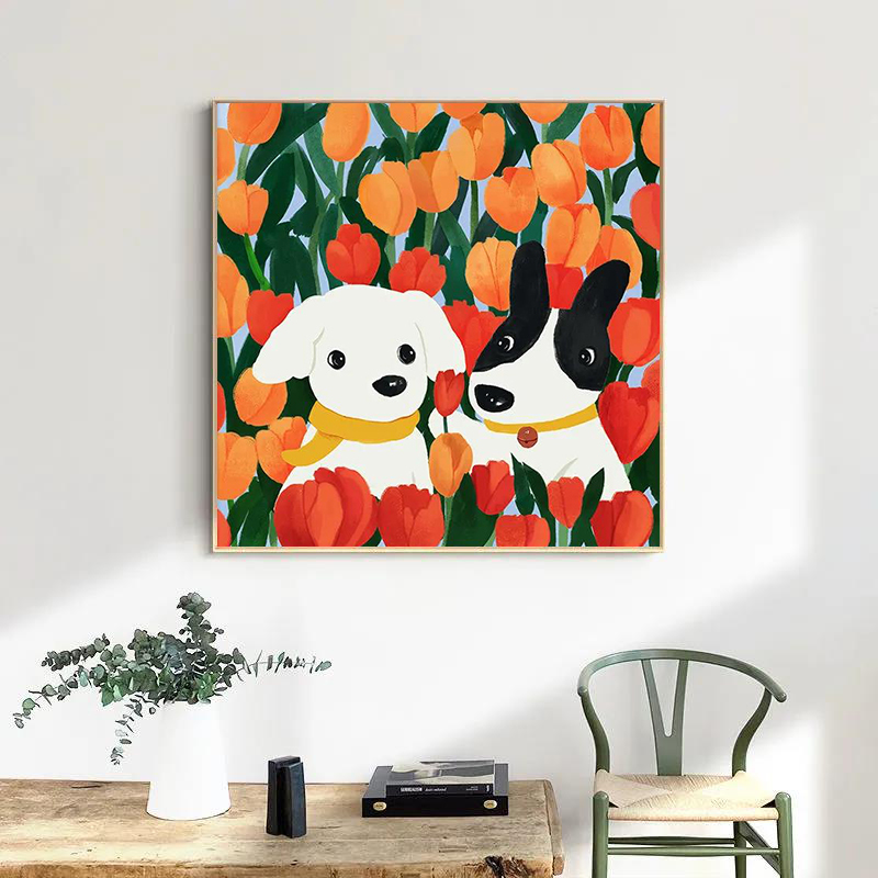 幸福物语狗狗一家人数字油画diy动物伙伴手绘丙烯油彩画客厅装饰