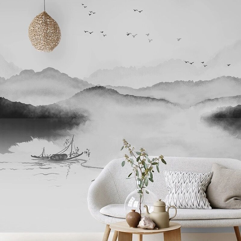 新中式水墨山水画风景背景墙壁纸客厅沙发影视墙黑白飞鸟壁纸壁画