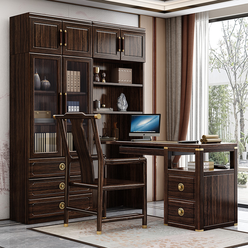 新中式实木紫金檀木书柜书桌一体组合书房书架多功能桌上储物柜