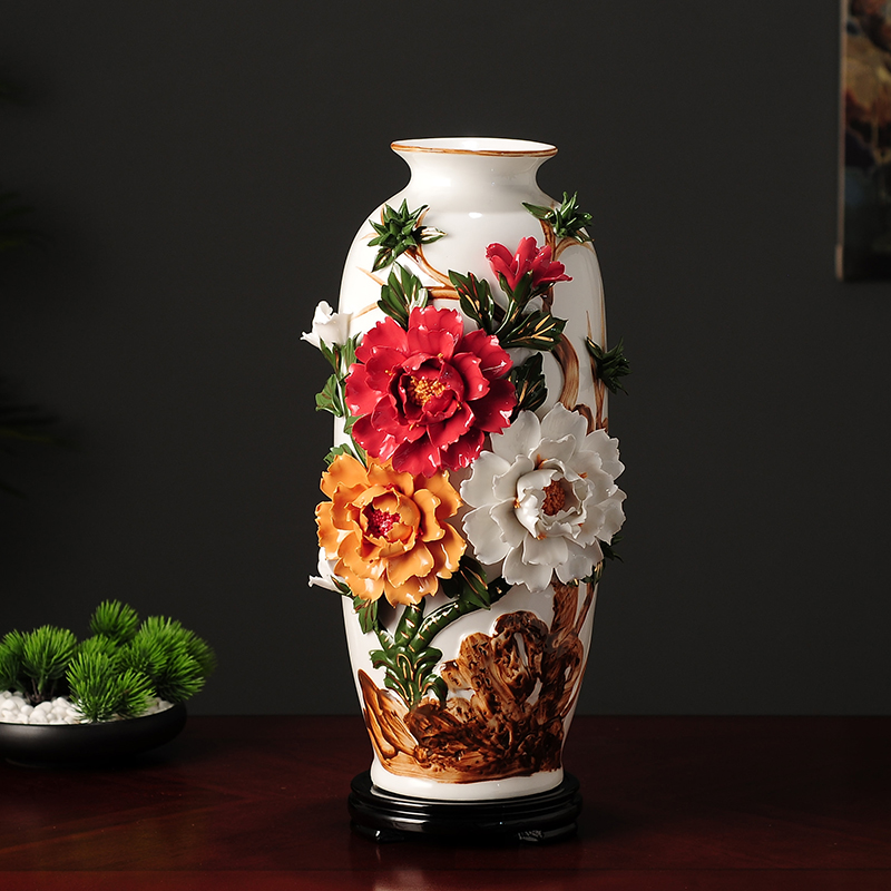景德镇新中式陶瓷花瓶 牡丹手工瓷器客厅玄关电视柜插花摆件家居