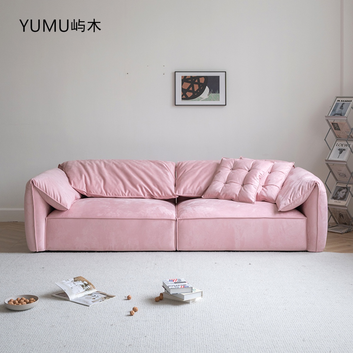 大象耳朵沙发磨砂布粉色意式直排客厅超深坐宽设计师款baxter沙发