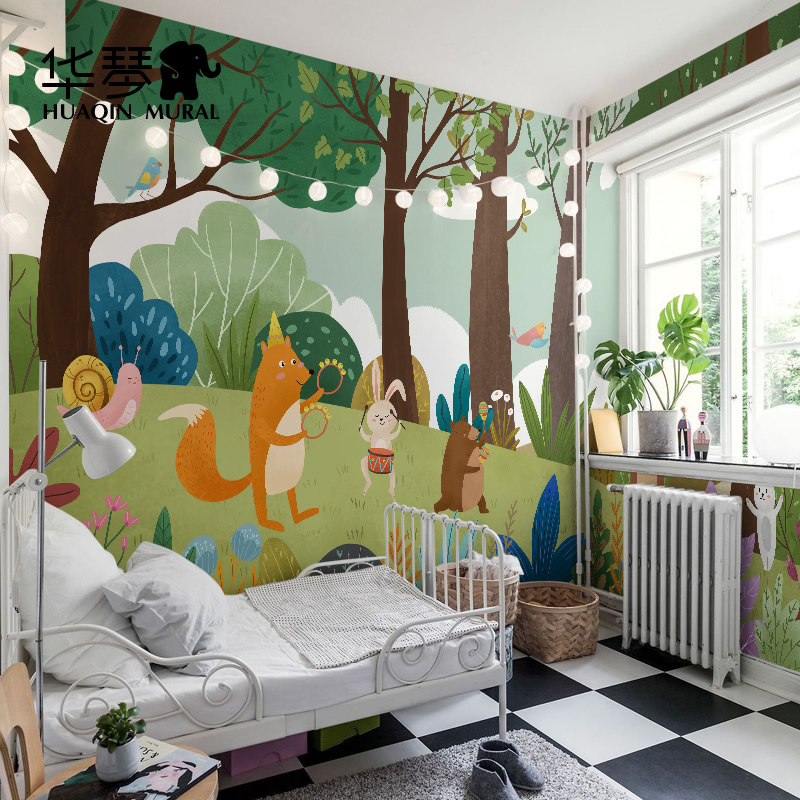 动物植物北欧风手绘墙布保儿童房墙纸壁纸环壁布男孩女孩卡通森林