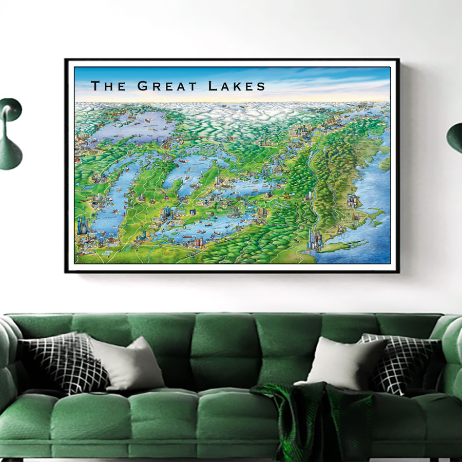 北美五大湖地区鸟瞰图地图海报 美国加拿大边界城市壁纸壁画墙画
