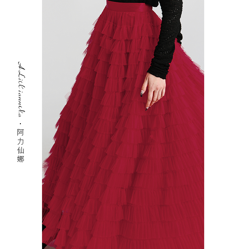阿力仙娜5米摆围红色气质大摆高腰蕾丝网纱蛋糕半身裙 拖地长裙子