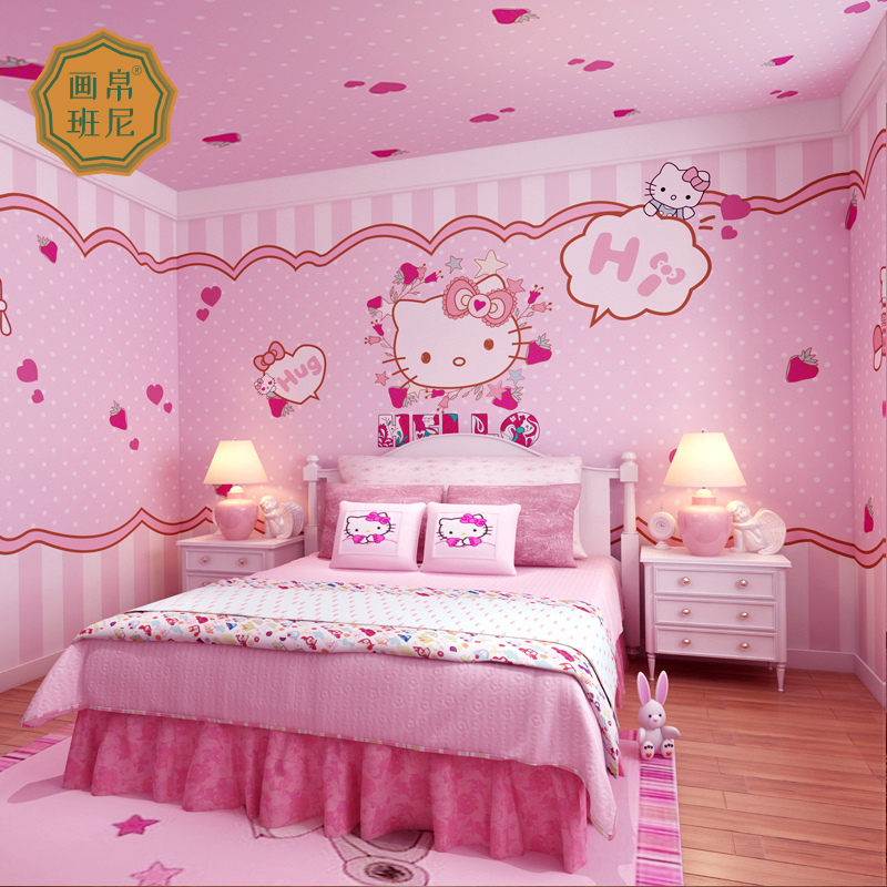 儿童房壁纸女孩卧室公主粉卡通kitty猫墙纸装饰定制壁画背景墙布