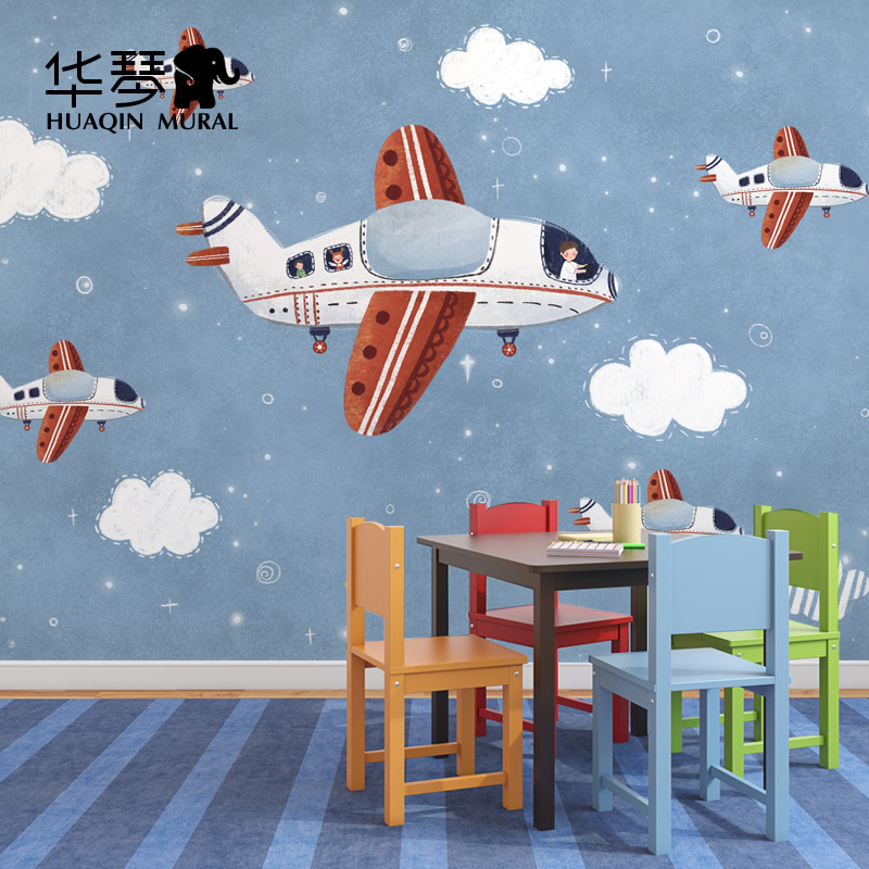 现代北欧卡通飞机飞行员男孩女孩儿童房墙纸壁纸环保墙布壁布壁画