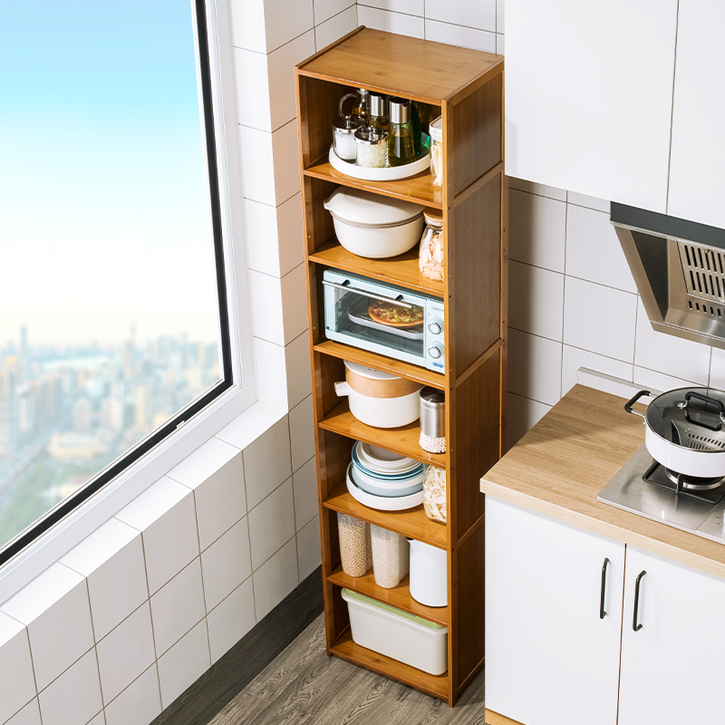 厨房置物架楠竹夹缝碗碟调料收纳架落地多层带门窄缝隙储物橱柜子