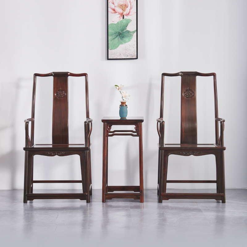 老挝大红酸枝螭龙纹高靠背南官帽椅三件套明式文椅红木书房南宫椅