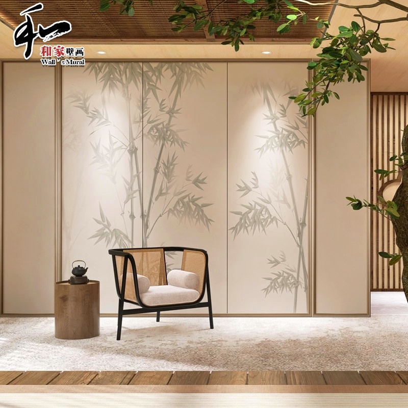 新中式手绘水墨竹子壁画客厅书房酒店卧室背景古风茶室榻榻米壁纸