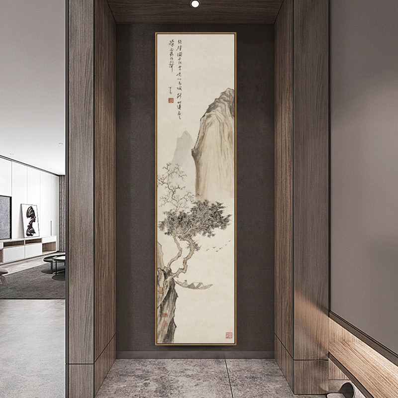 新中式山水画玄关竖版长条国画客厅过道挂画书房茶室装饰画古代画