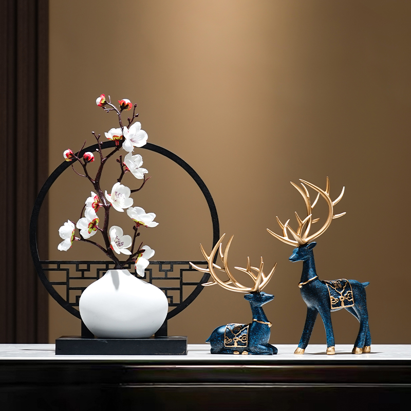 新中式屏风禅意家居花瓶鹿摆件客厅茶几电视柜复古典中国风装饰品