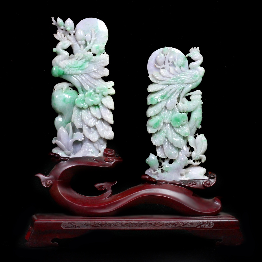 ￼ 旧藏天然缅甸翡翠双凤图摆件天然A货可检测纯手工雕刻一体料