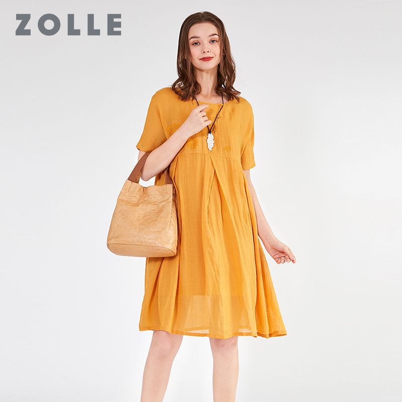 ZOLLE因为夏季新款舒适纯苎麻中长款连衣裙时尚高腰显瘦刺花女裙