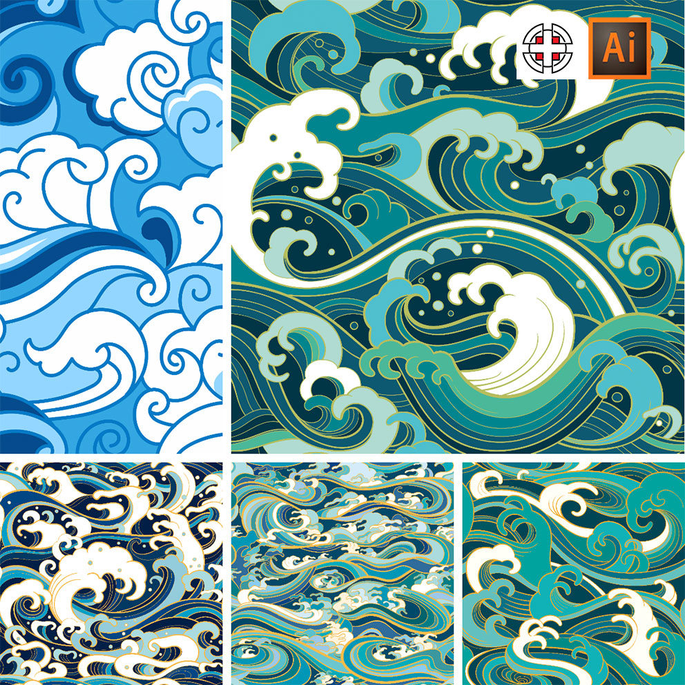 中国风传统纹样水波纹海浪云纹重复拼接印花图案AI矢量设计素材