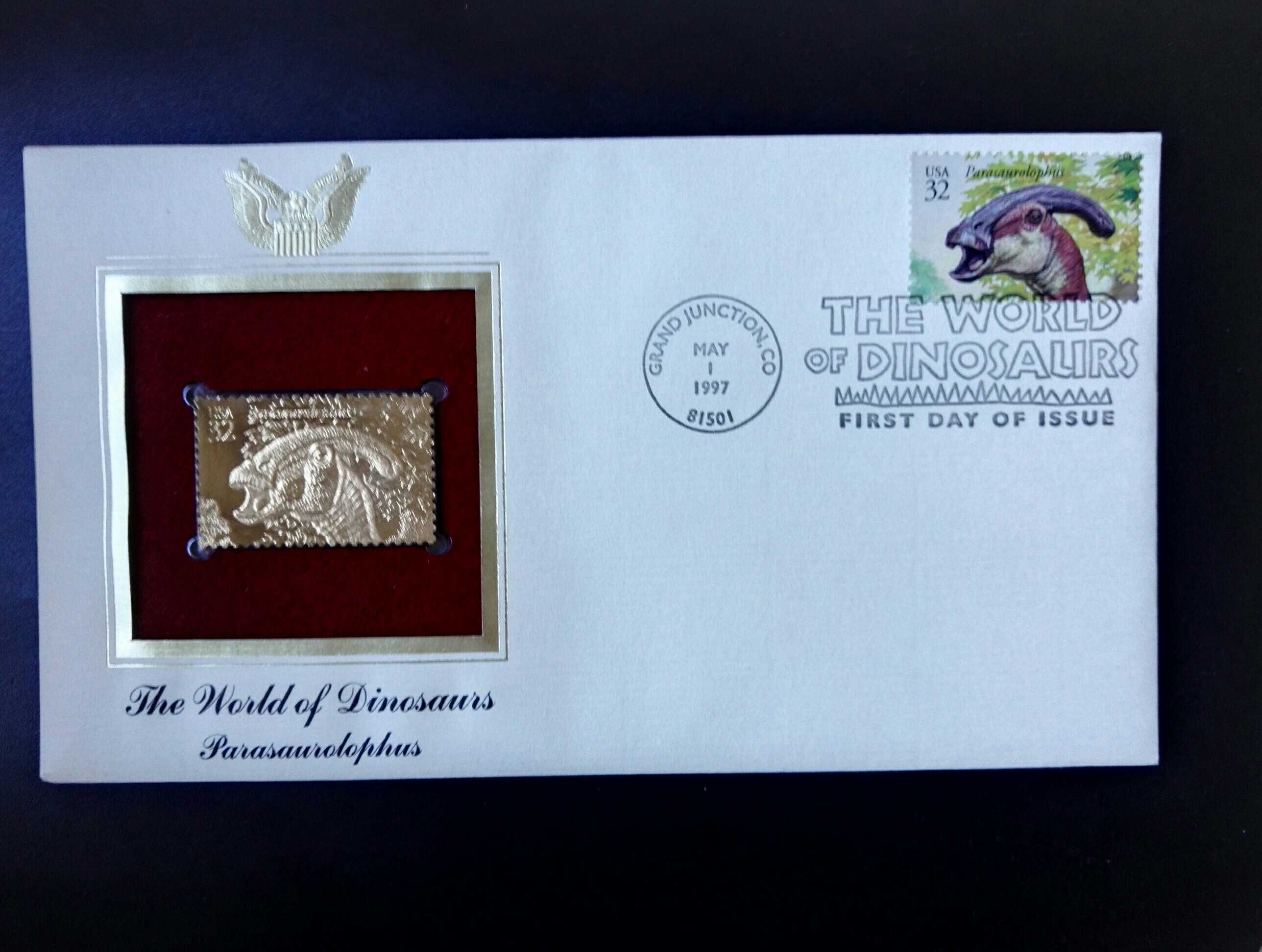 美国1997年恐龙金箔邮票首日封1新