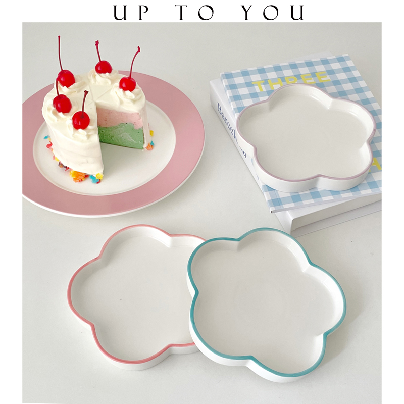SHˇ创意花朵边奶油色陶瓷碟ins风简约高颜值家用可爱蛋糕水果盘