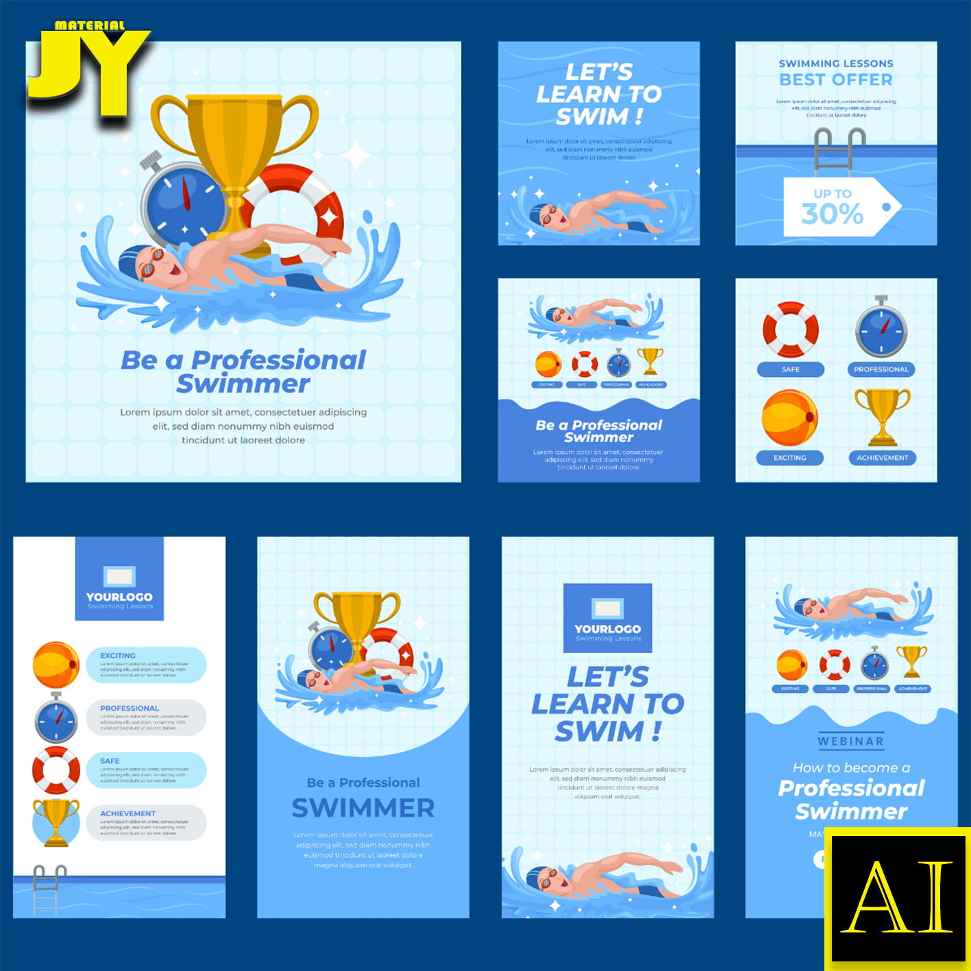 游泳运动员游泳圈游泳池奖杯秒表游泳比赛海报插画版式模板AI素材