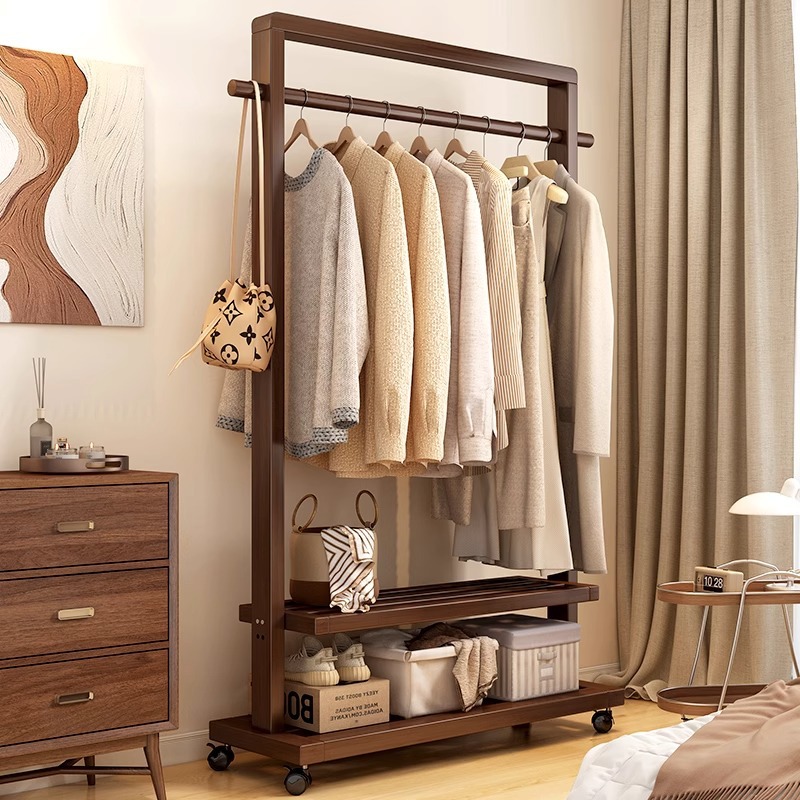 晾衣架室内家用落地可移动凉衣架挂杆卧室晒衣服架简易实木晾衣杆