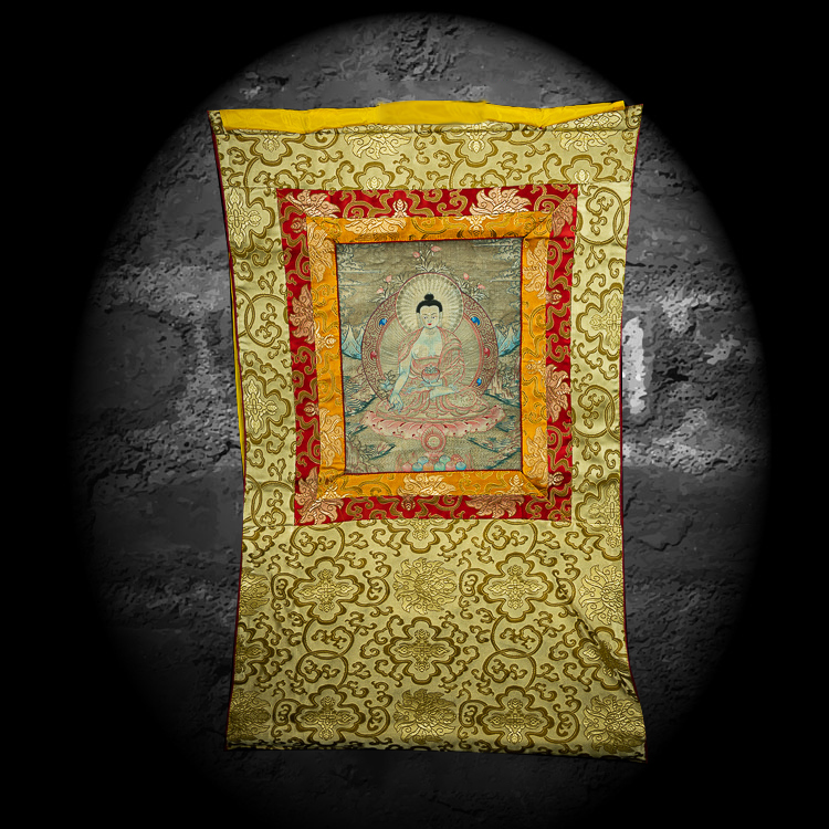 西藏老唐卡清代藏传纽瓦力银纸矿物彩绘药师佛手绘老唐卡居家摆件