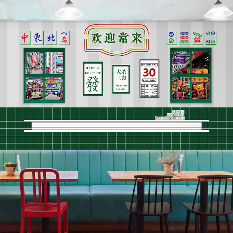 跨境新款港式茶餐厅装饰墙纸香港风格冰室茶O楼酒楼装修壁画打边