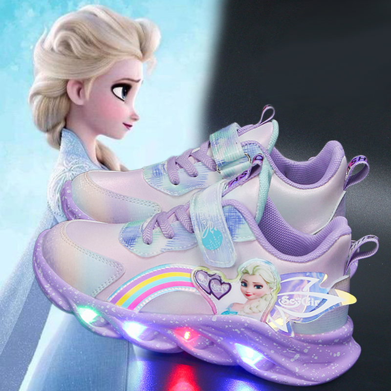 女童运动鞋带灯艾莎公主儿童鞋子中大童女孩加绒款冰雪奇缘跑步鞋