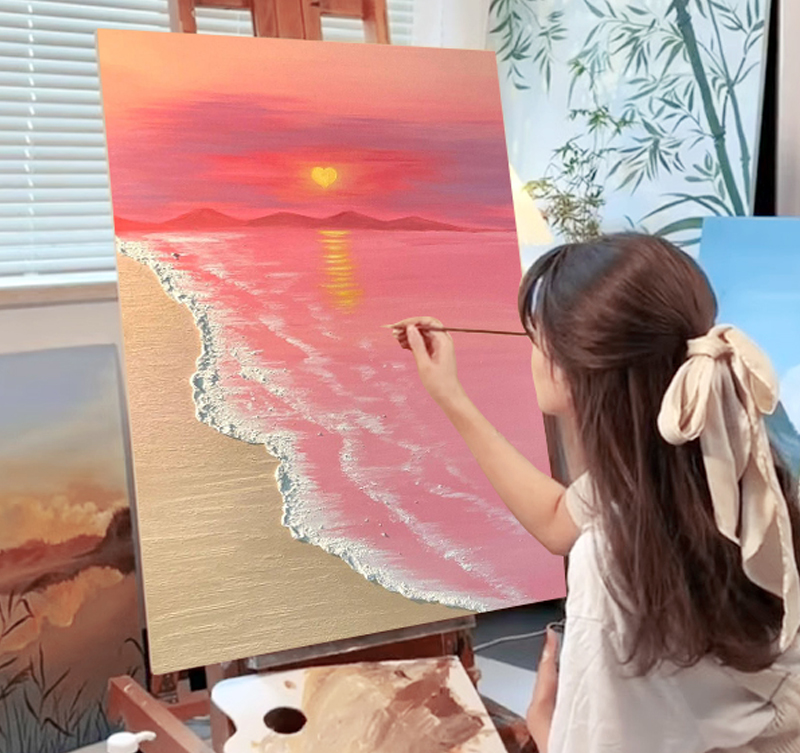 石英砂肌理画DIY材料包丙烯颜料手绘立体数字油画粉色沙滩装饰画