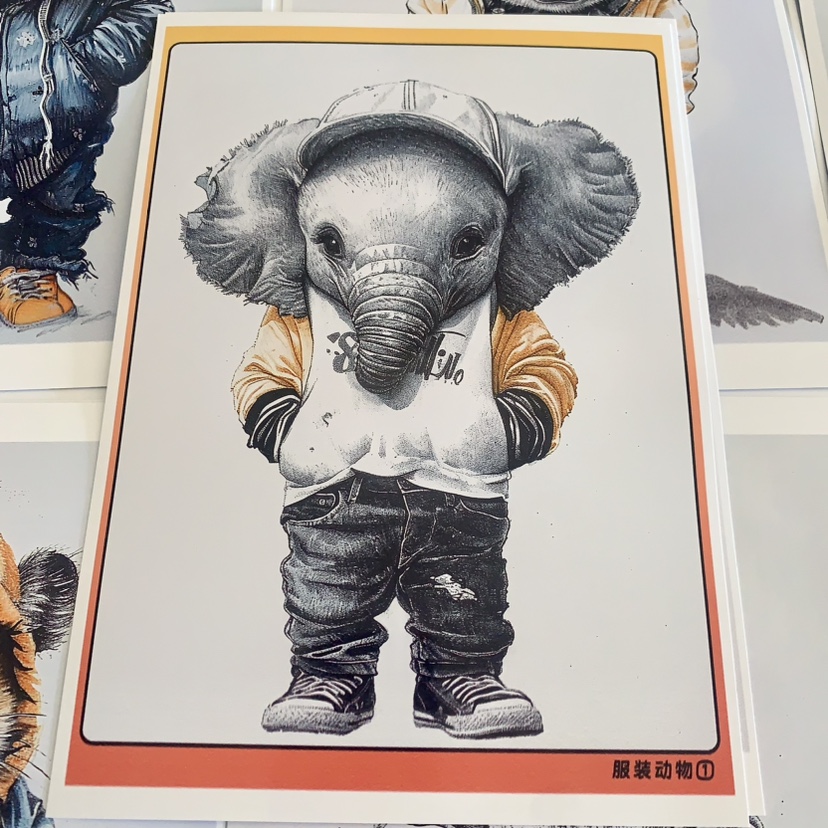 素描彩铅服装动物临摹卡儿童创意美术明信片拟人卡通素描动物范图
