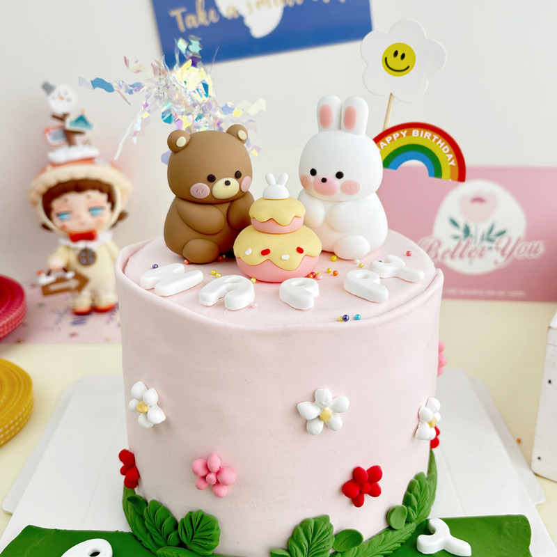小熊小图熊兔蛋糕装饰摆件生日快乐儿童宝宝派对甜品插件插签配件