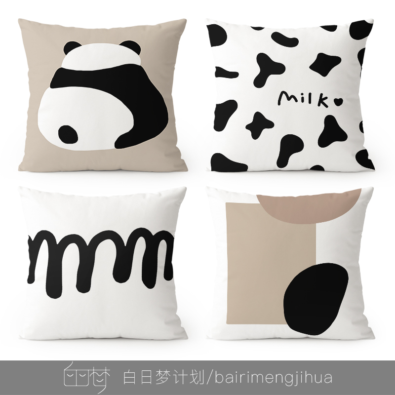 北欧抽象熊猫欧式现代简约抱枕沙发客厅样板间绒面腰枕套靠枕靠垫