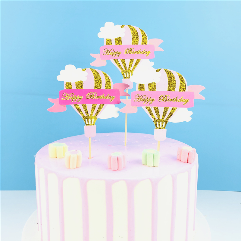 10支装热气球生日蛋糕装饰插牌插排网红笑脸立体唯美云朵粉色