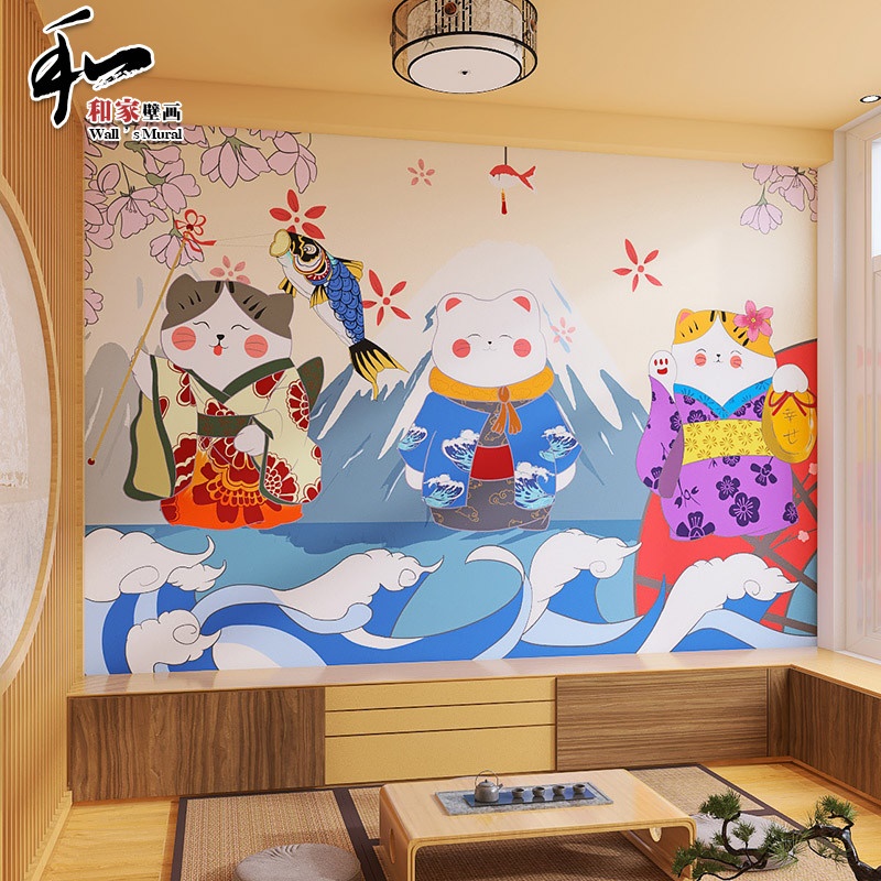 日式卡通招财猫墙纸日本寿司料理店餐厅壁纸拉面烤肉店浮世绘壁画