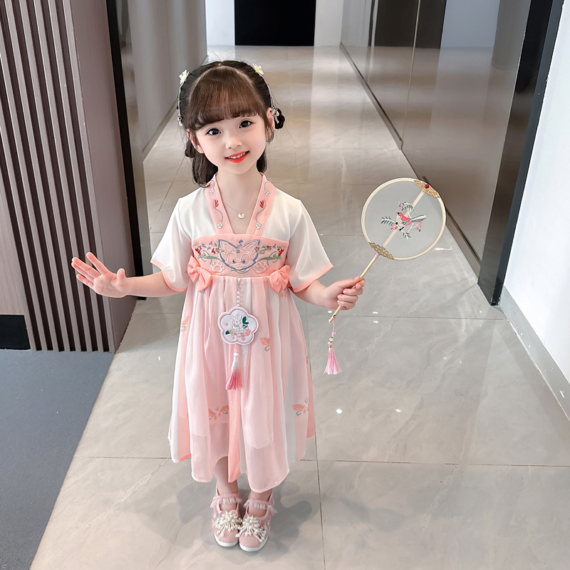 中国风新中式2024新款夏装儿童装女孩子蝴蝶结汉服表演出服连衣裙