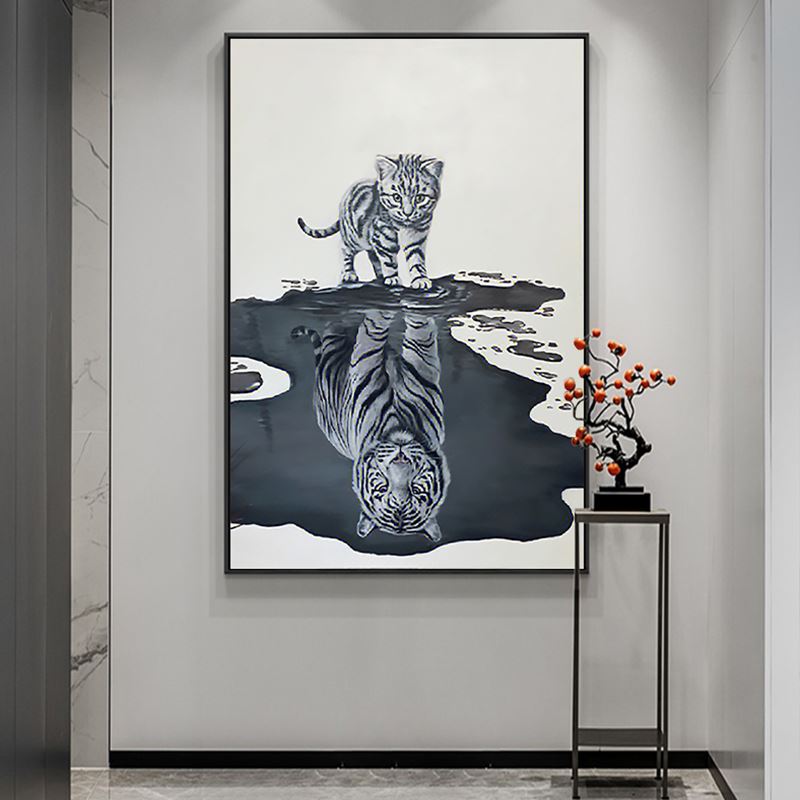 黑白色老虎小猫咪装饰画玄关手绘油画新中式客厅倒影挂画写实动物
