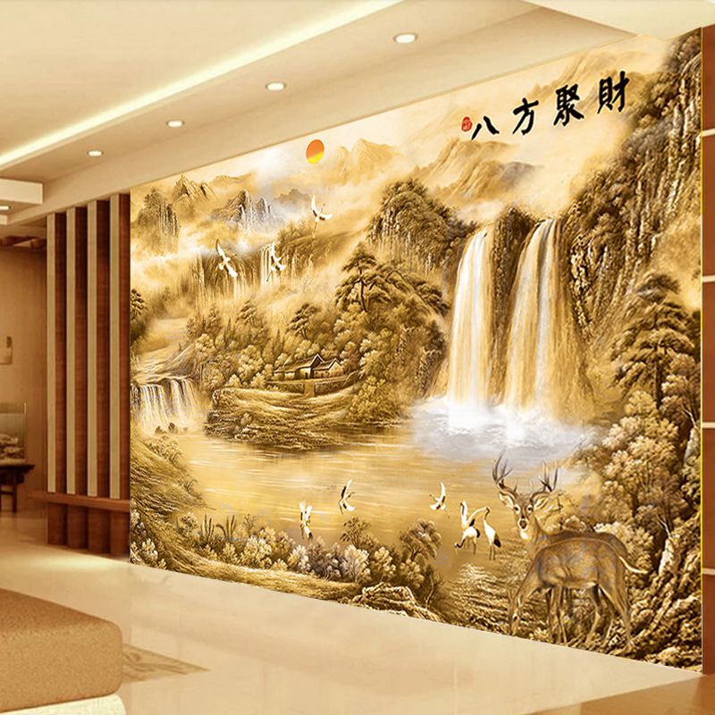 中式古典八方聚财3D立体国画背景墙布壁画墙纸壁布古代山水画壁纸