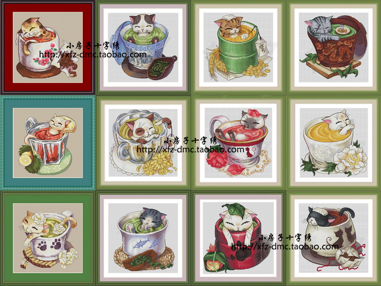 小房子十字绣 法国DMC线套件 茶杯里的猫咪 可爱猫猫挂画简单礼品