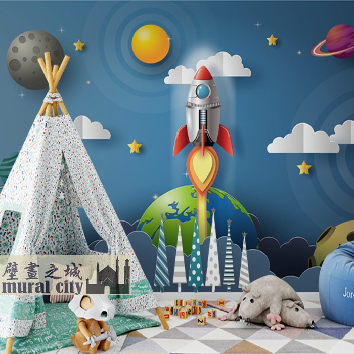 北欧简约儿童房飞机汽球科幻宇宙墙纸男孩火箭太空幼儿园壁纸画布