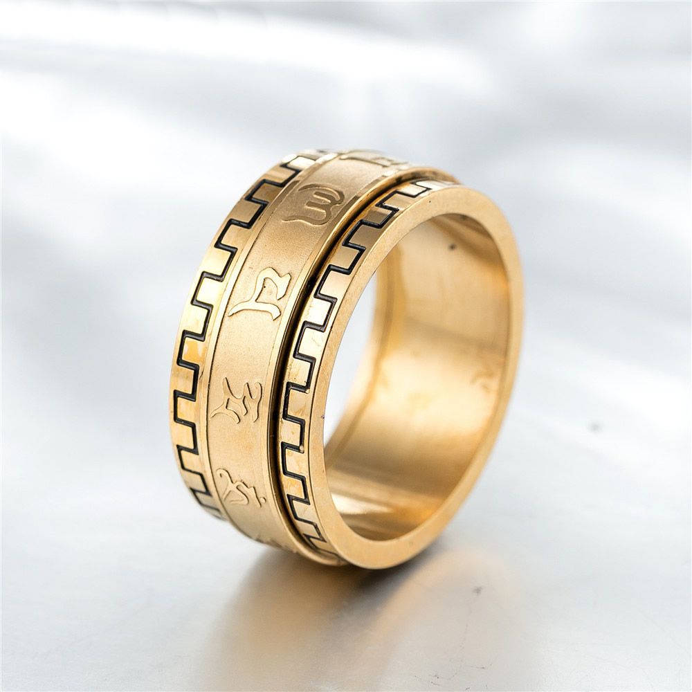时尚钛钢男款戒指 金色长城纹六字真言转动男士钛钢戒指指环