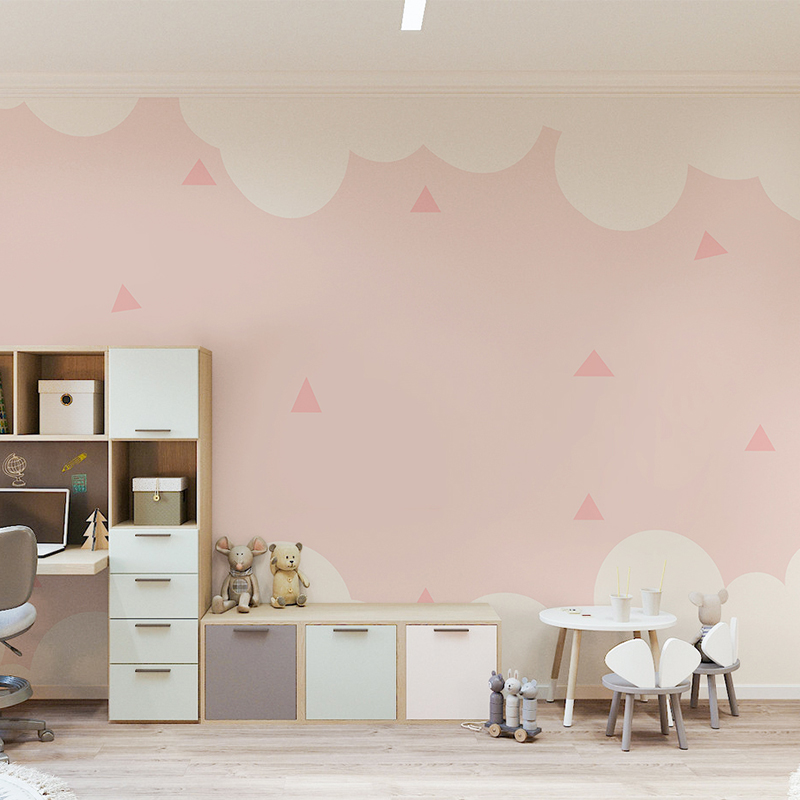 粉色云朵公主房墙纸卡通儿童房墙布简约现代壁纸女孩卧室壁画定制