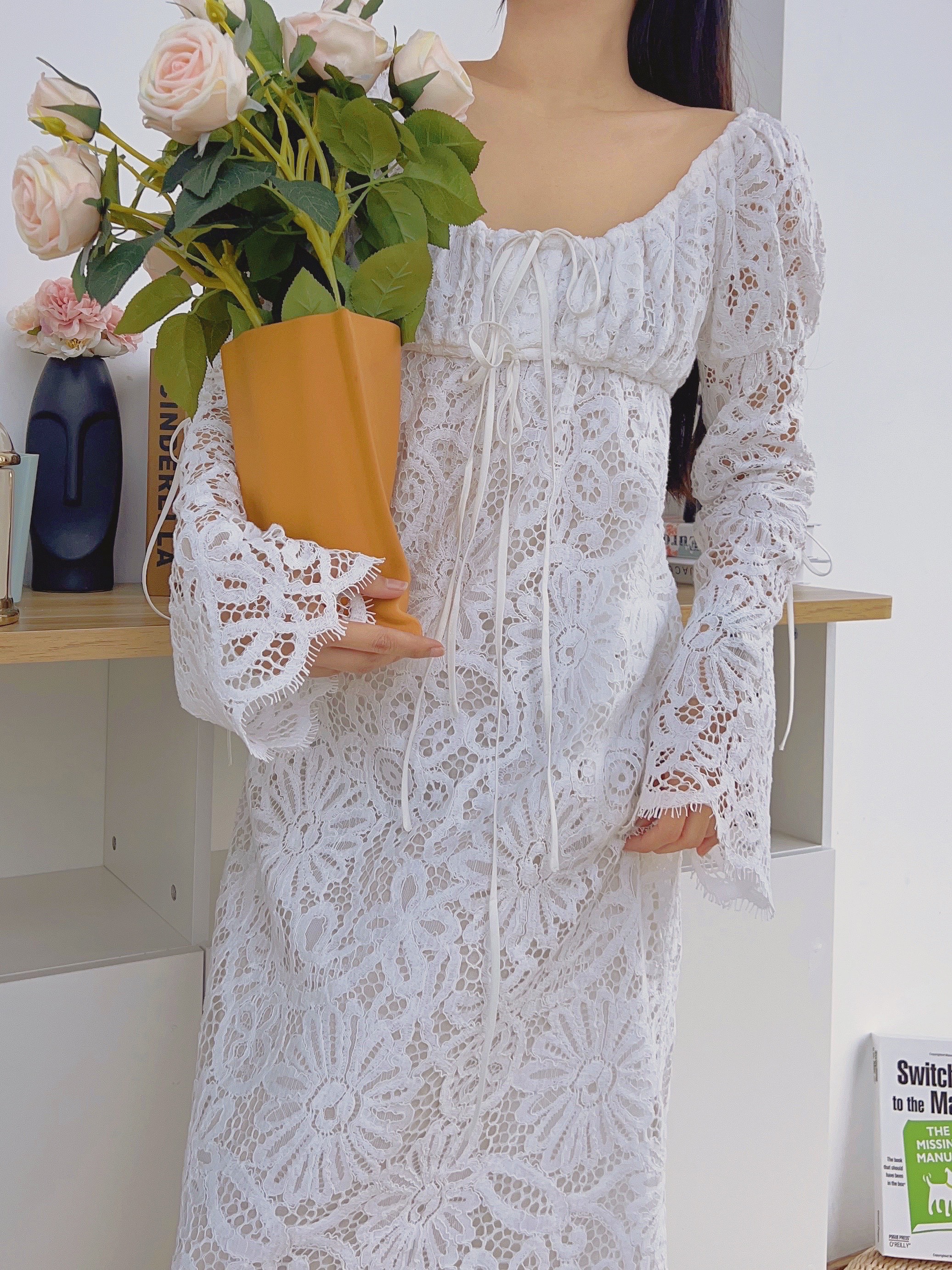 【Onirii】jue美 ！法国jin口蕾丝系带喇叭袖  贵族少女连衣裙