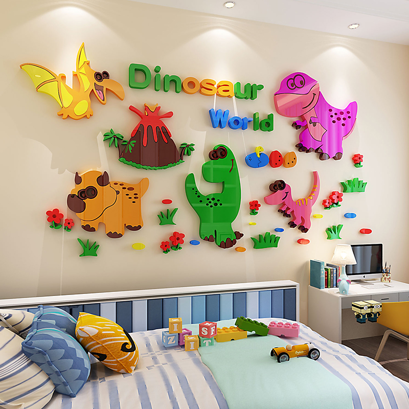 儿童卧室墙面贴画卡通恐龙装饰男孩房间3d立体玩具店玻璃贴纸墙壁