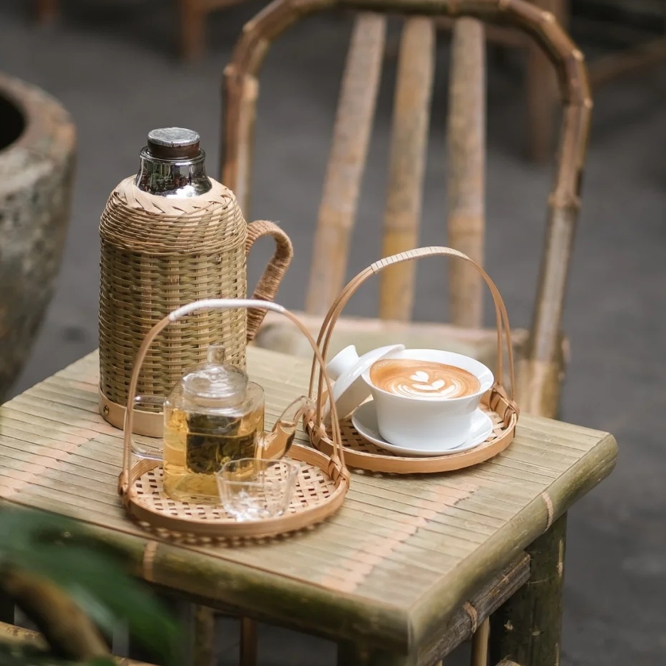 盖碗茶咖啡手提篮小蒸笼温水壶竹编纯手工编织茶室餐厅果盘糕点盘