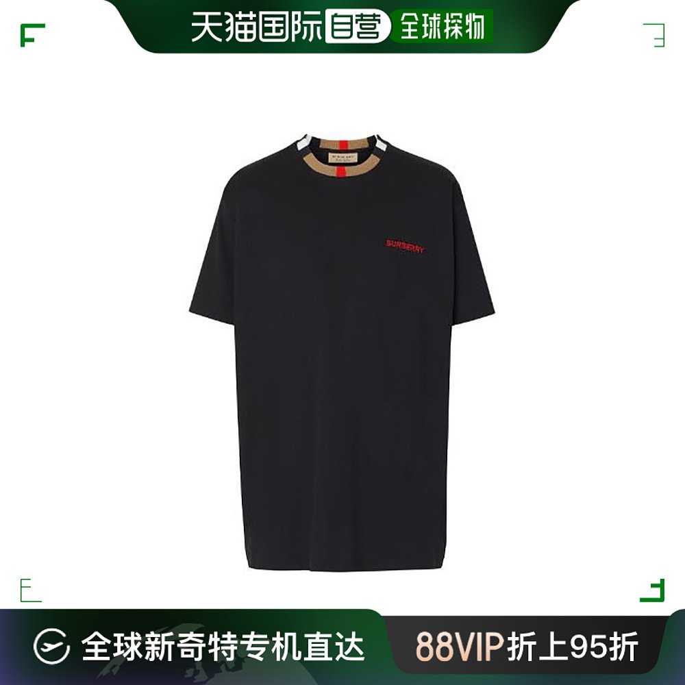 欧洲直邮BURBERRY/博柏利 男士黑色棉质经典格纹圆领红徽标T恤
